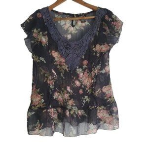 Rue 21 | Navy Sheer Floral Crochet Neckline Blouse